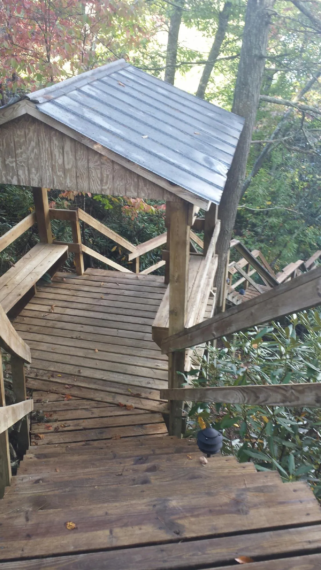 Metal roofed shelter over wooden steps on a wooded walkway — Skylight Repair & Installation work by our crew in Hague